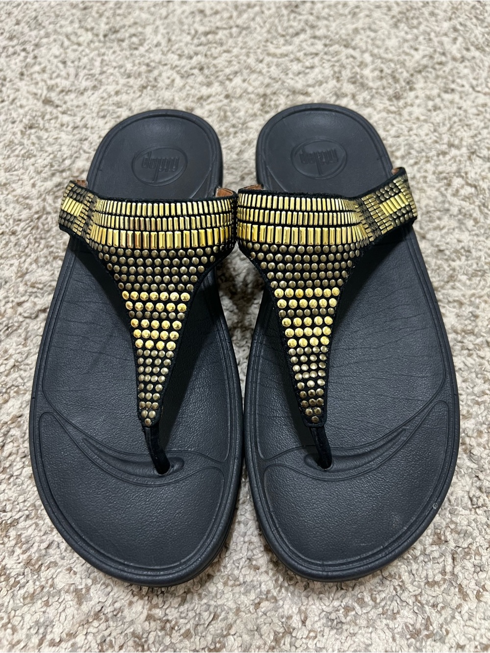 FitFlop Aztec Chada Gold Embellished Women's Thong Sandals Size 9